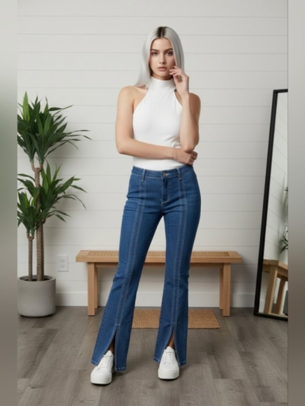 Alexis Claremont Flare Leg Slit Front Mid Rise SZ S Blue Retro Pants Bold Stitch